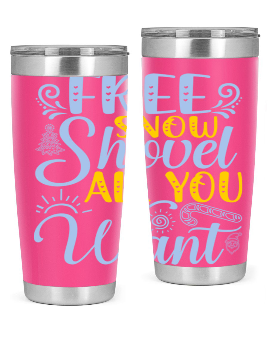 Free Snow Shovel 20oz Tumbler made of stainless steel with a drink-thru lid, showcasing its sleek design and vibrant print.