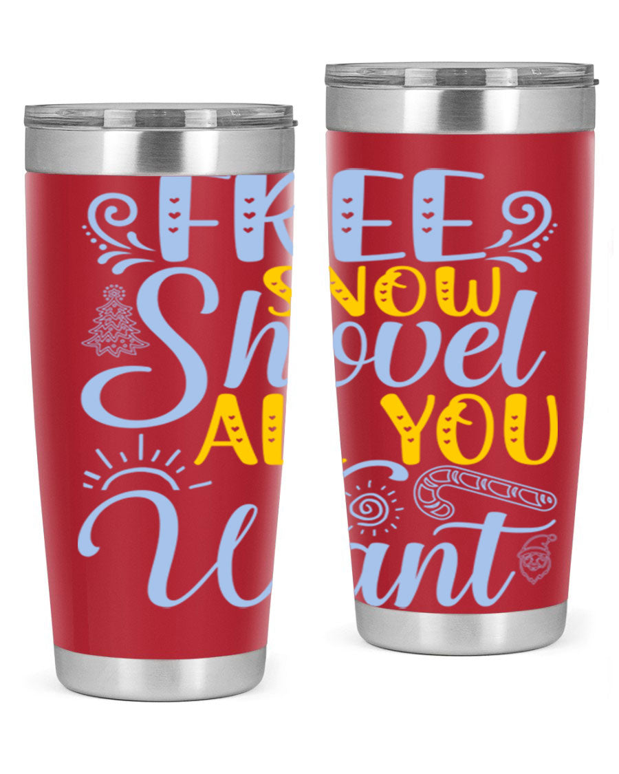 Free Snow Shovel 20oz Tumbler made of stainless steel with a drink-thru lid, showcasing its sleek design and vibrant print.