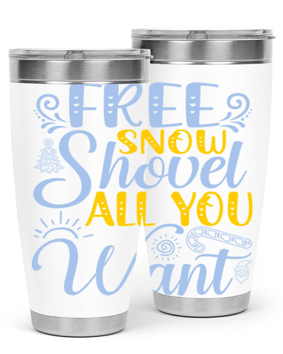 Free Snow Shovel 20oz Tumbler made of stainless steel with a drink-thru lid, showcasing its sleek design and vibrant print.