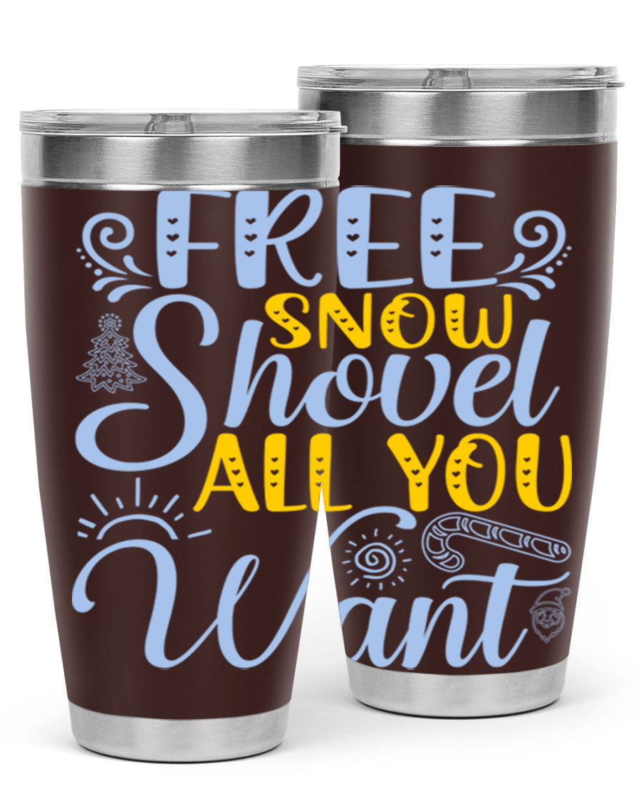 Free Snow Shovel 20oz Tumbler made of stainless steel with a drink-thru lid, showcasing its sleek design and vibrant print.