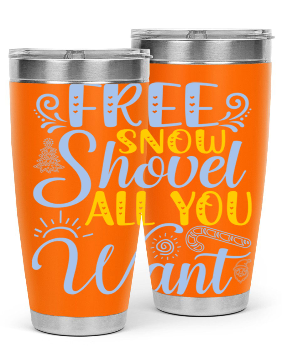Free Snow Shovel 20oz Tumbler made of stainless steel with a drink-thru lid, showcasing its sleek design and vibrant print.