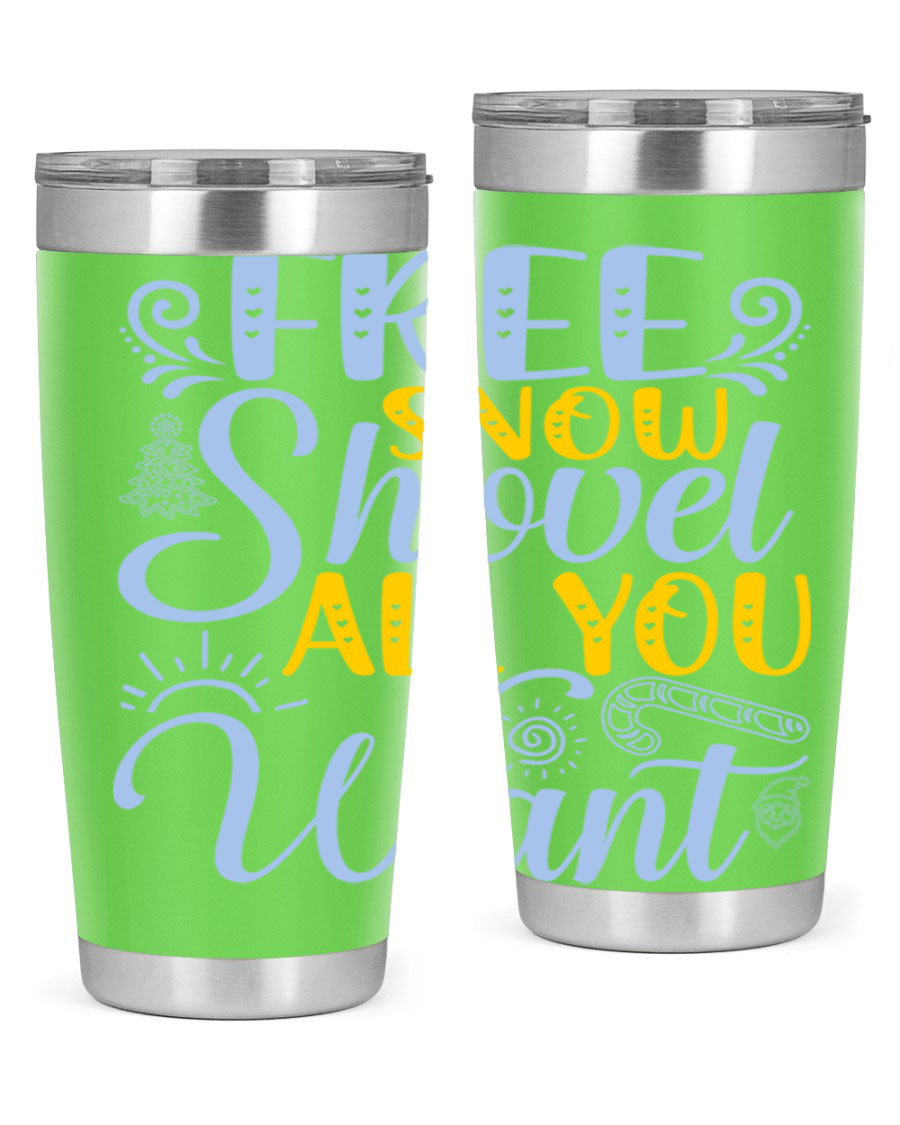 Free Snow Shovel 20oz Tumbler made of stainless steel with a drink-thru lid, showcasing its sleek design and vibrant print.