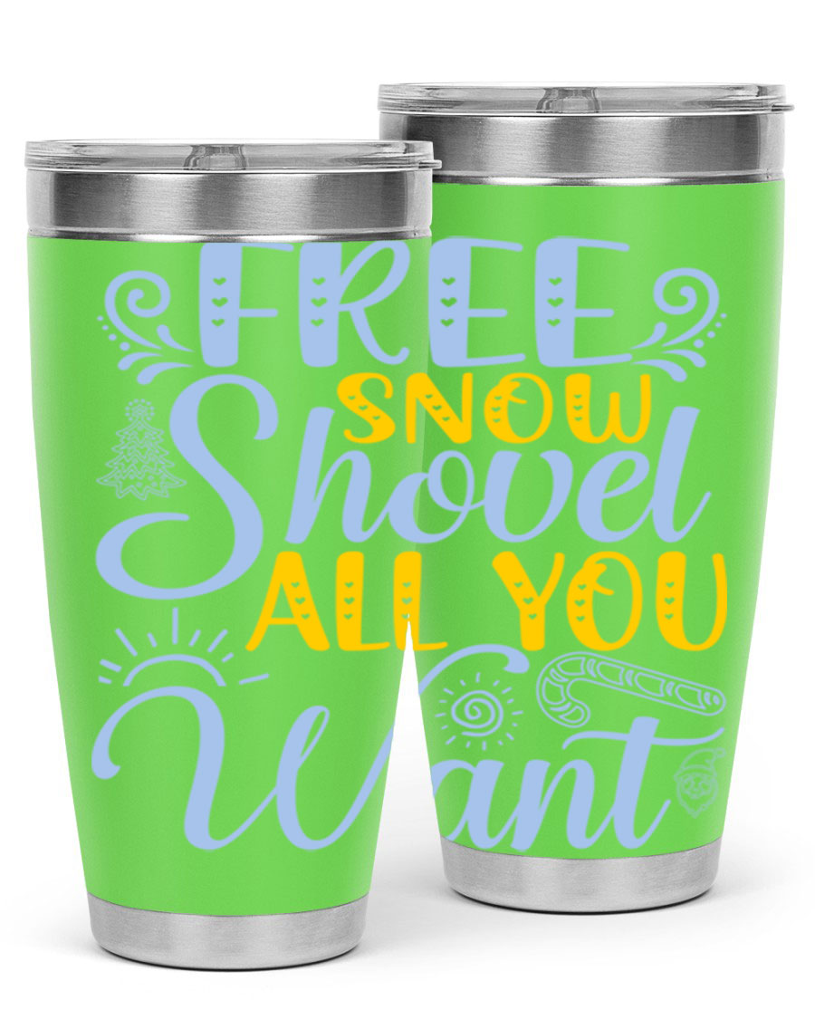 Free Snow Shovel 20oz Tumbler made of stainless steel with a drink-thru lid, showcasing its sleek design and vibrant print.