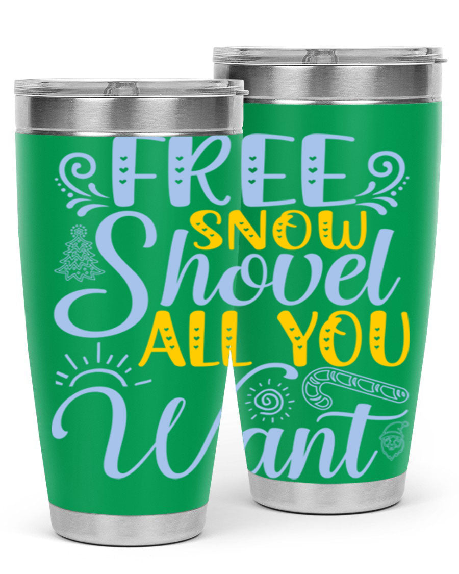 Free Snow Shovel 20oz Tumbler made of stainless steel with a drink-thru lid, showcasing its sleek design and vibrant print.