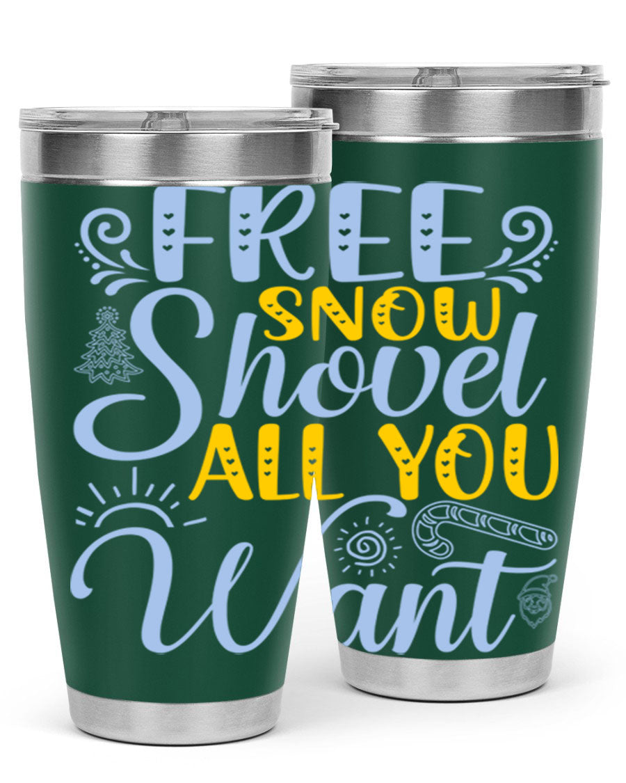 Free Snow Shovel 20oz Tumbler made of stainless steel with a drink-thru lid, showcasing its sleek design and vibrant print.