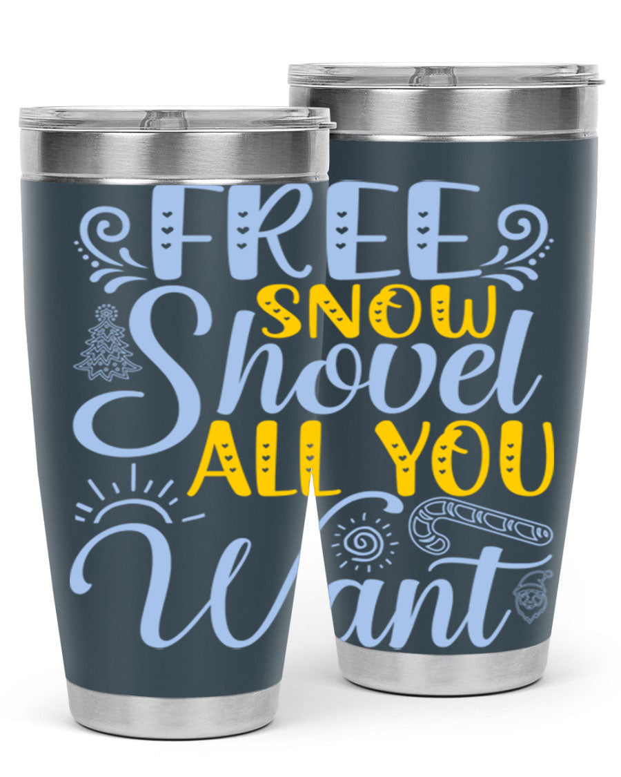 Free Snow Shovel 20oz Tumbler made of stainless steel with a drink-thru lid, showcasing its sleek design and vibrant print.