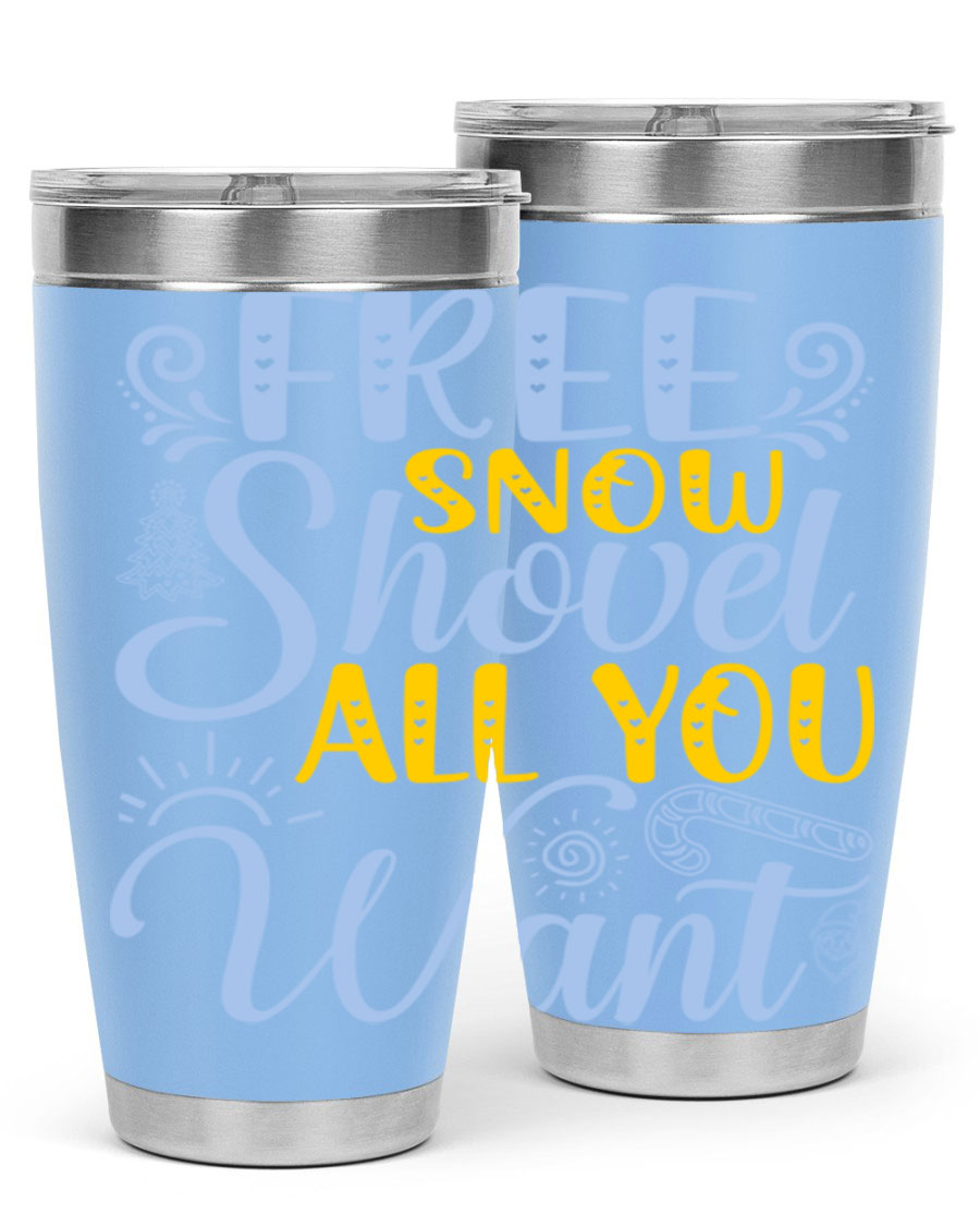 Free Snow Shovel 20oz Tumbler made of stainless steel with a drink-thru lid, showcasing its sleek design and vibrant print.