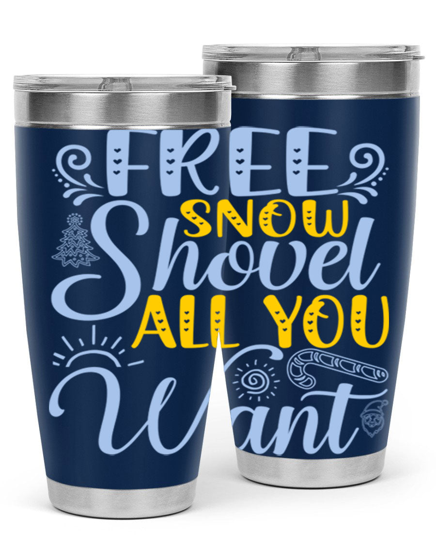 Free Snow Shovel 20oz Tumbler made of stainless steel with a drink-thru lid, showcasing its sleek design and vibrant print.