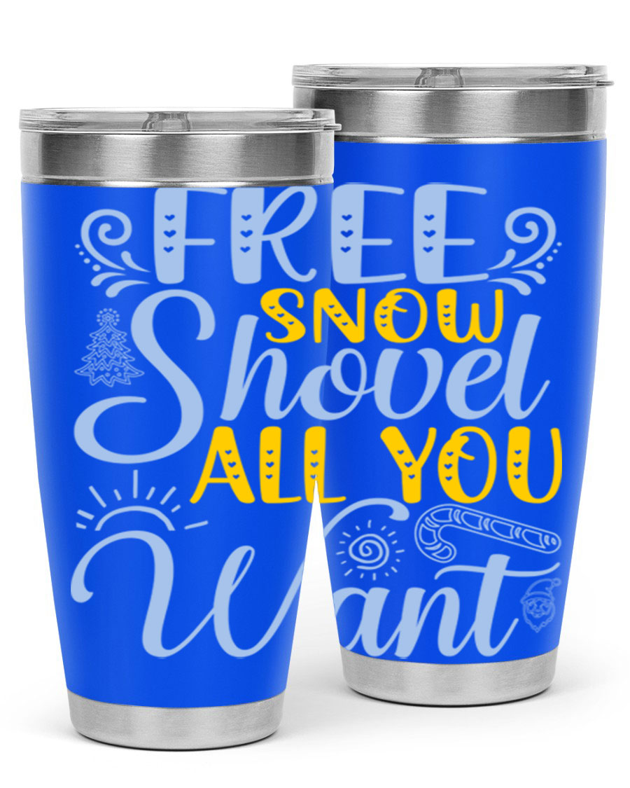 Free Snow Shovel 20oz Tumbler made of stainless steel with a drink-thru lid, showcasing its sleek design and vibrant print.