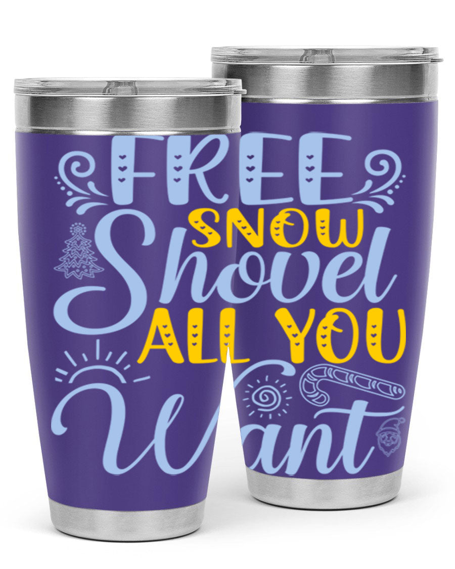 Free Snow Shovel 20oz Tumbler made of stainless steel with a drink-thru lid, showcasing its sleek design and vibrant print.
