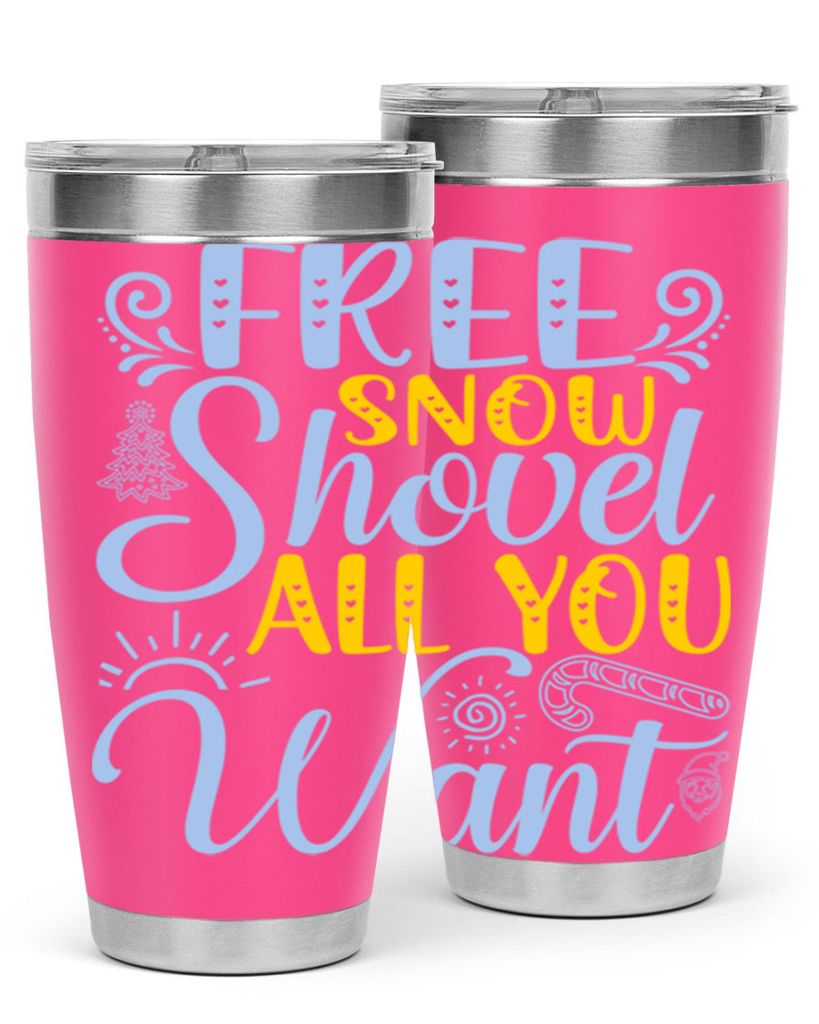 Free Snow Shovel 20oz Tumbler made of stainless steel with a drink-thru lid, showcasing its sleek design and vibrant print.