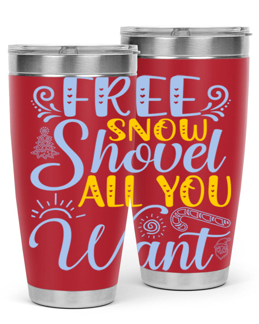 Free Snow Shovel 20oz Tumbler made of stainless steel with a drink-thru lid, showcasing its sleek design and vibrant print.