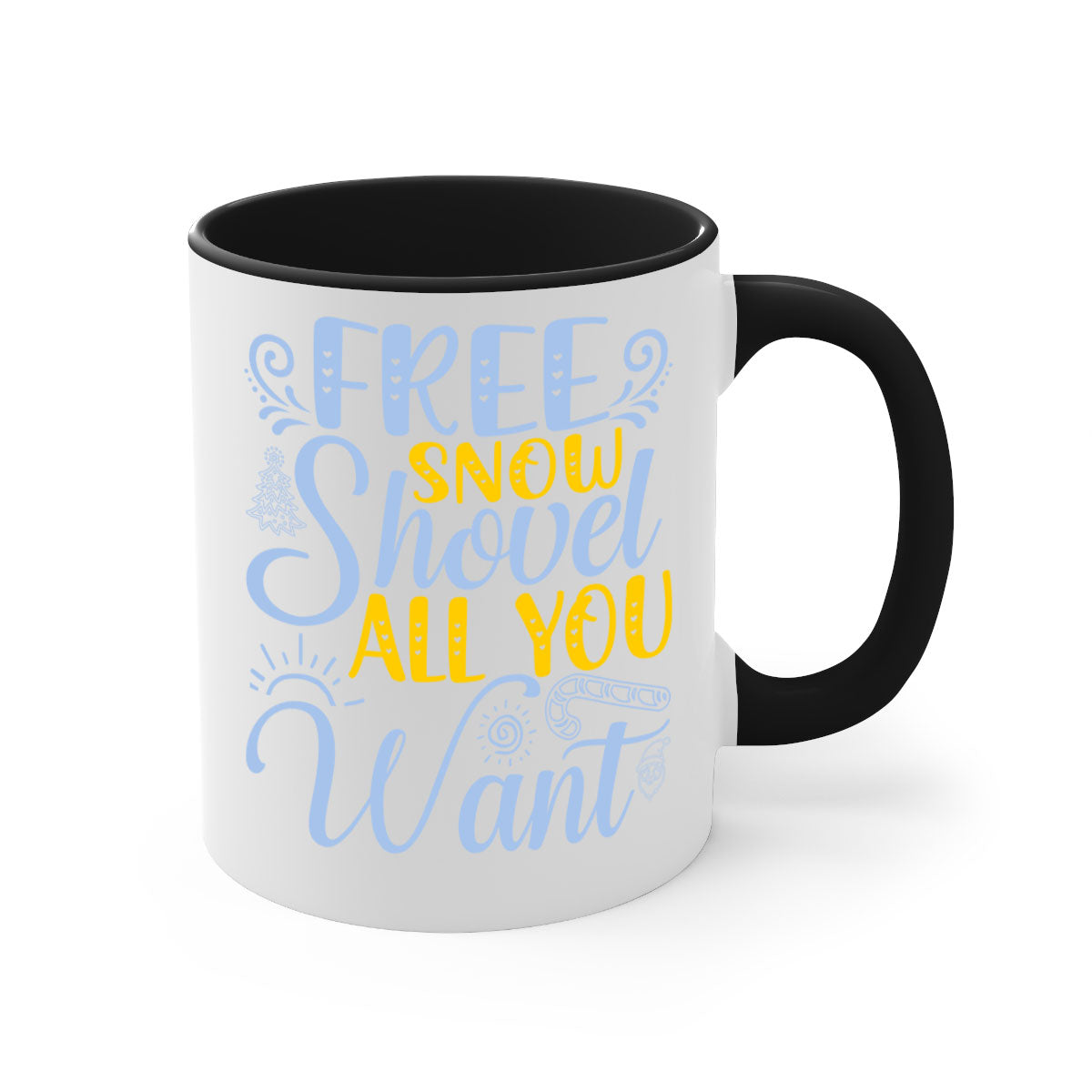 Free Snow Shovel Mug featuring a two-tone design with a colored handle and glossy finish, available in multiple colors and sizes.