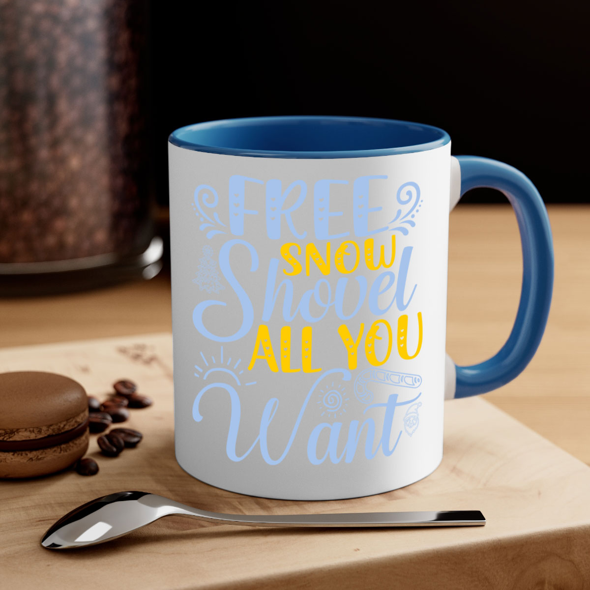 Free Snow Shovel Mug featuring a two-tone design with a colored handle and glossy finish, available in multiple colors and sizes.