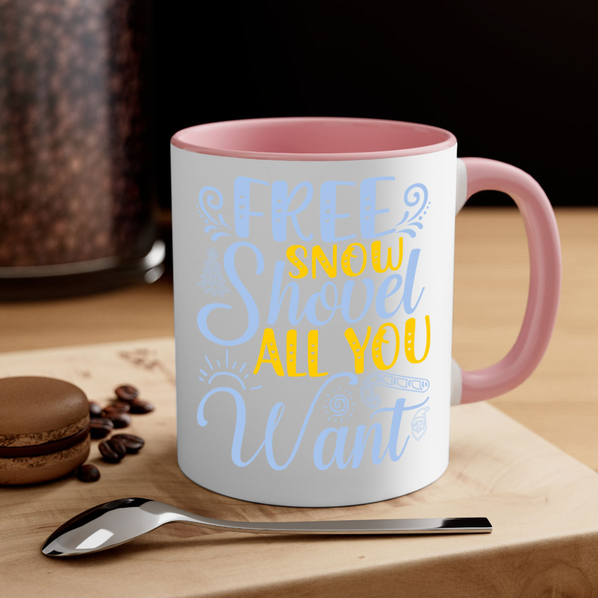 Free Snow Shovel Mug featuring a two-tone design with a colored handle and glossy finish, available in multiple colors and sizes.