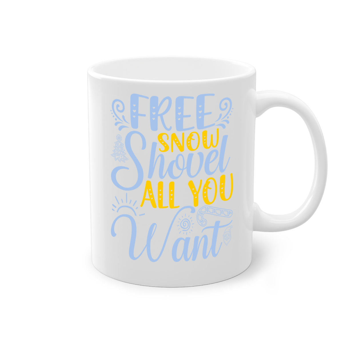 Free Snow Shovel Mug featuring a two-tone design with a colored handle and glossy finish, available in multiple colors and sizes.