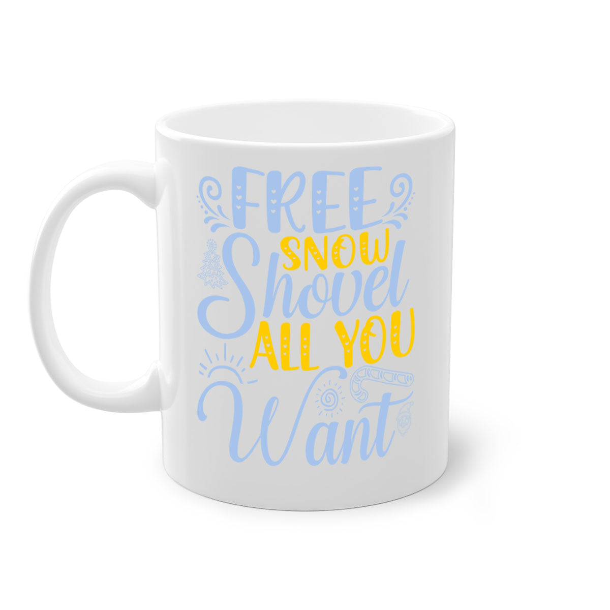 Free Snow Shovel Mug featuring a two-tone design with a colored handle and glossy finish, available in multiple colors and sizes.