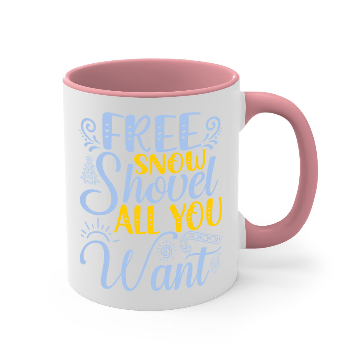 Free Snow Shovel Mug featuring a two-tone design with a colored handle and glossy finish, available in multiple colors and sizes.
