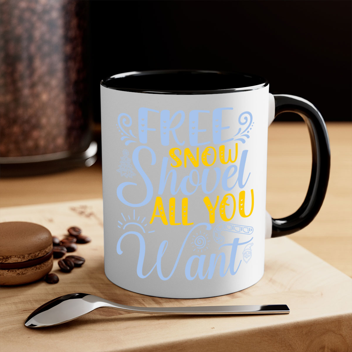 Free Snow Shovel Mug featuring a two-tone design with a colored handle and glossy finish, available in multiple colors and sizes.