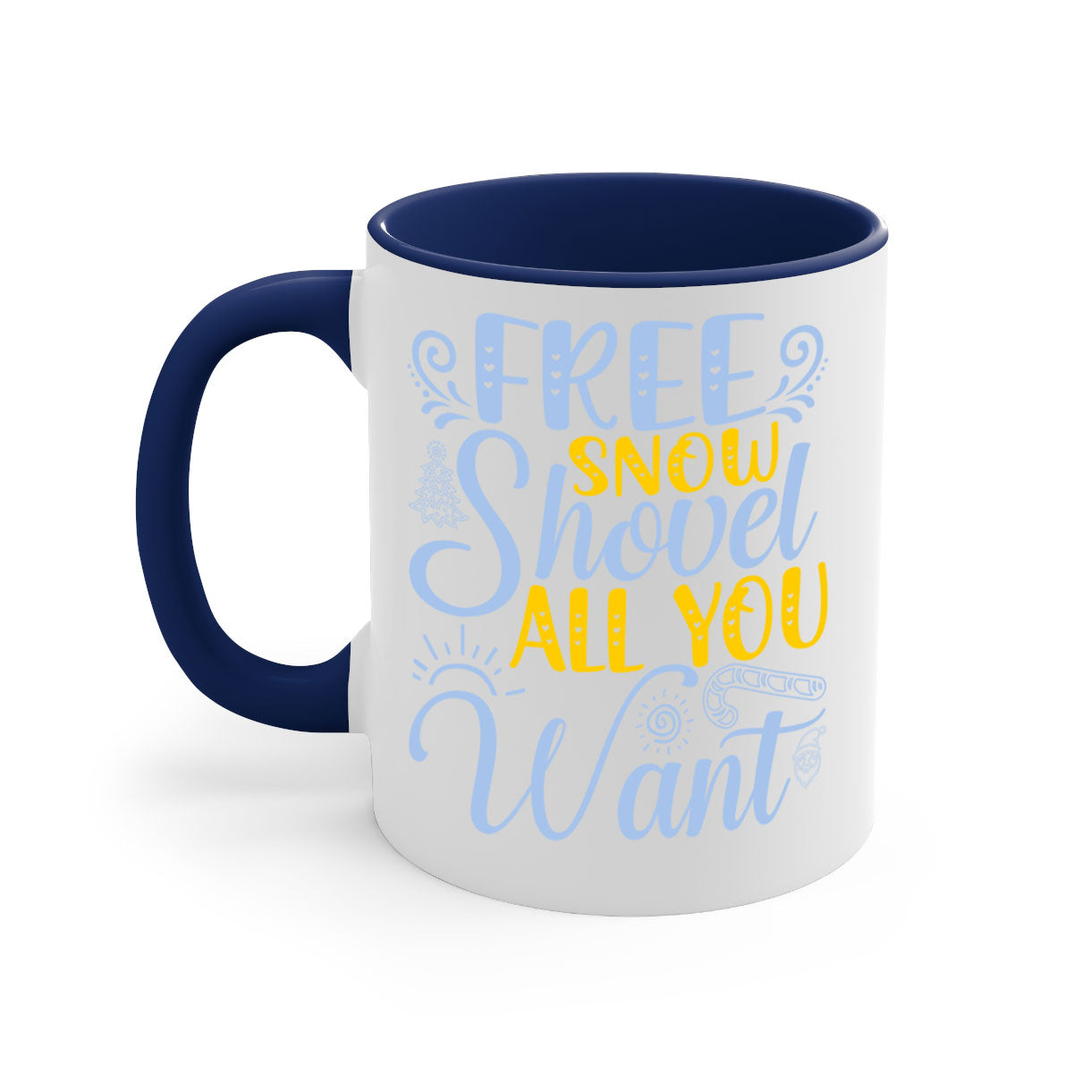 Free Snow Shovel Mug featuring a two-tone design with a colored handle and glossy finish, available in multiple colors and sizes.