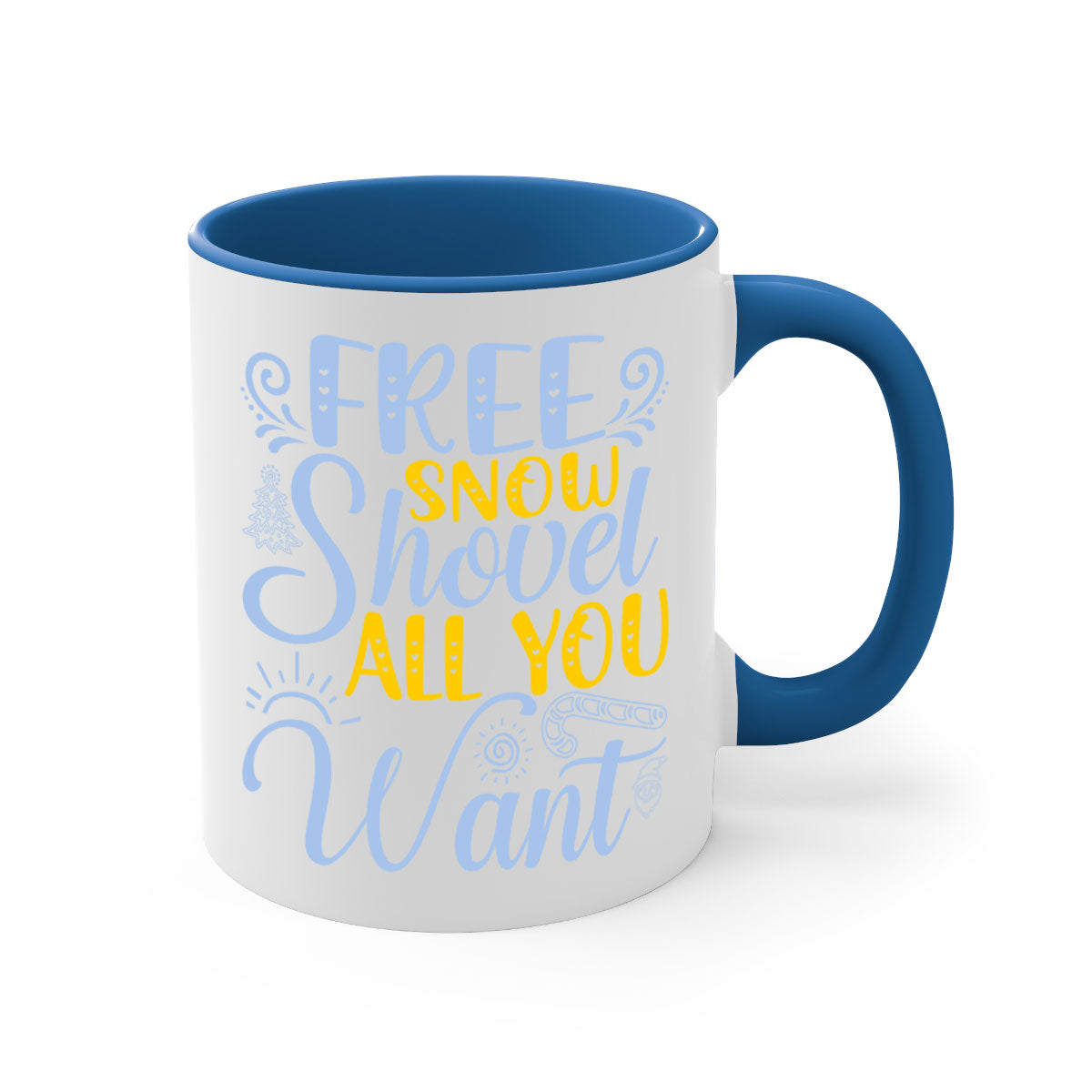 Free Snow Shovel Mug featuring a two-tone design with a colored handle and glossy finish, available in multiple colors and sizes.