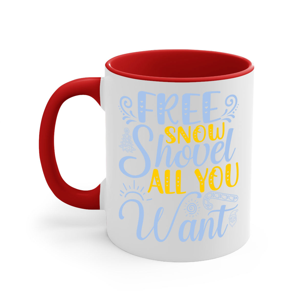 Free Snow Shovel Mug featuring a two-tone design with a colored handle and glossy finish, available in multiple colors and sizes.