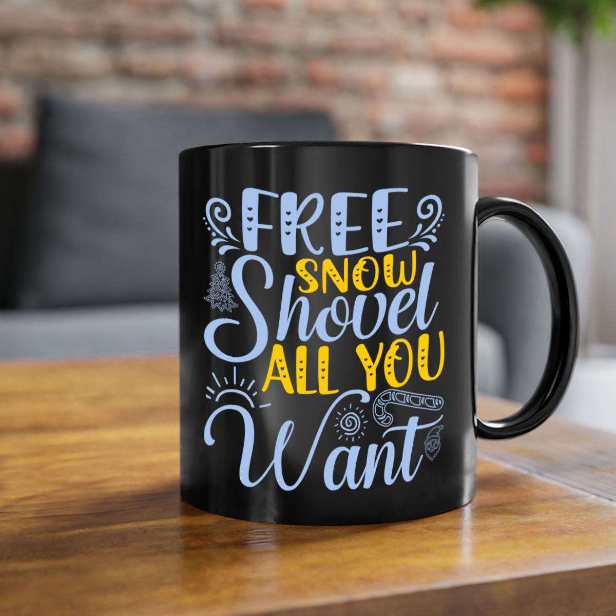 Free Snow Shovel Mug featuring a two-tone design with a colored handle and glossy finish, available in multiple colors and sizes.