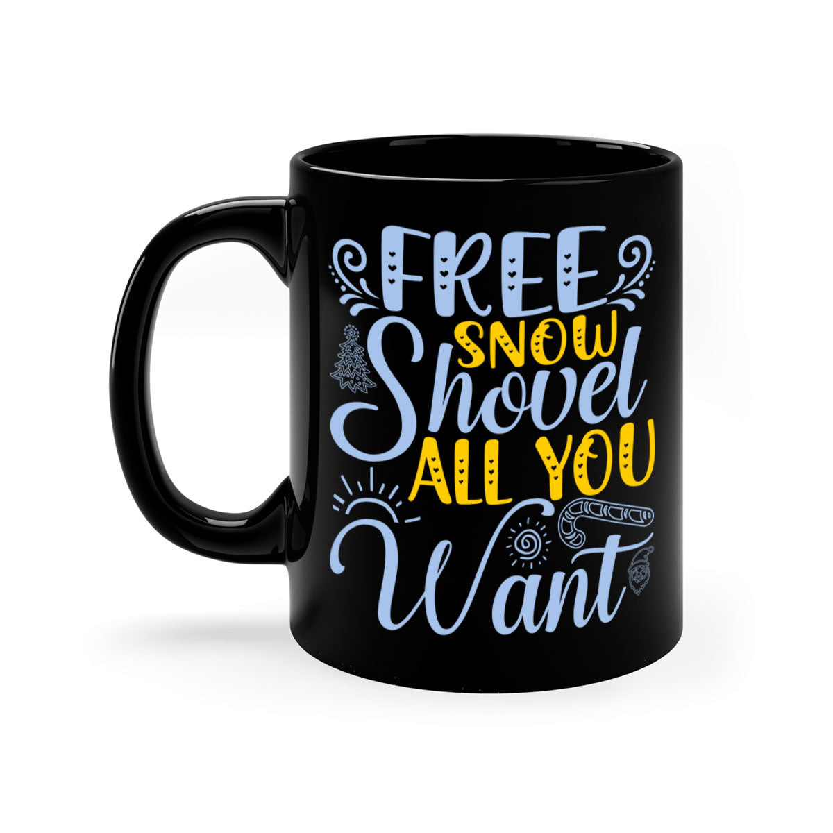 Free Snow Shovel Mug featuring a two-tone design with a colored handle and glossy finish, available in multiple colors and sizes.