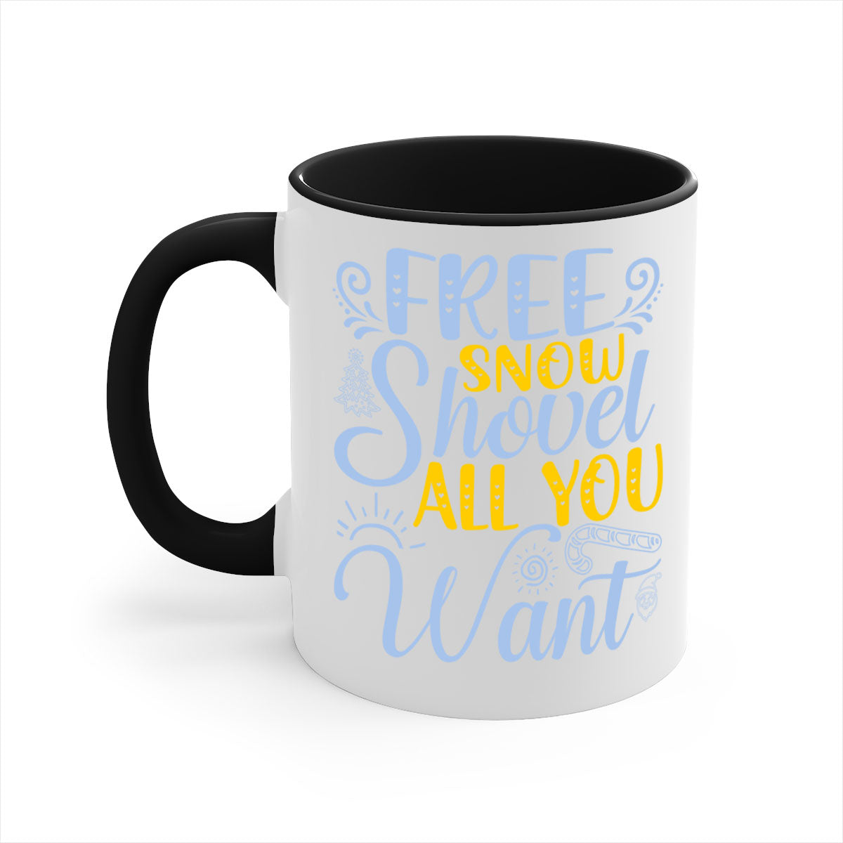Free Snow Shovel Mug featuring a two-tone design with a colored handle and glossy finish, available in multiple colors and sizes.