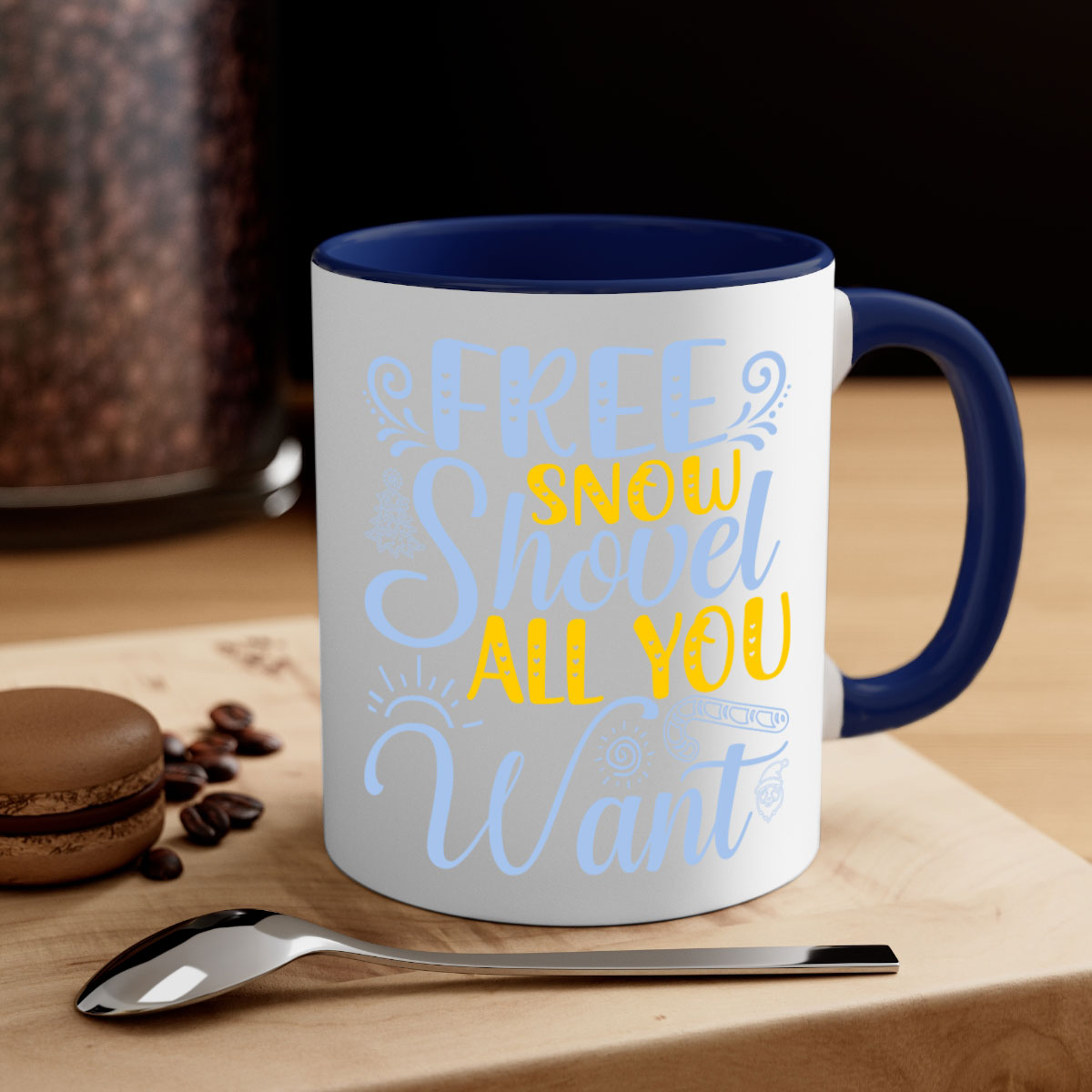 Free Snow Shovel Mug featuring a two-tone design with a colored handle and glossy finish, available in multiple colors and sizes.