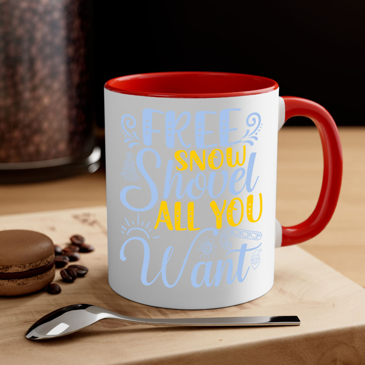 Free Snow Shovel Mug featuring a two-tone design with a colored handle and glossy finish, available in multiple colors and sizes.