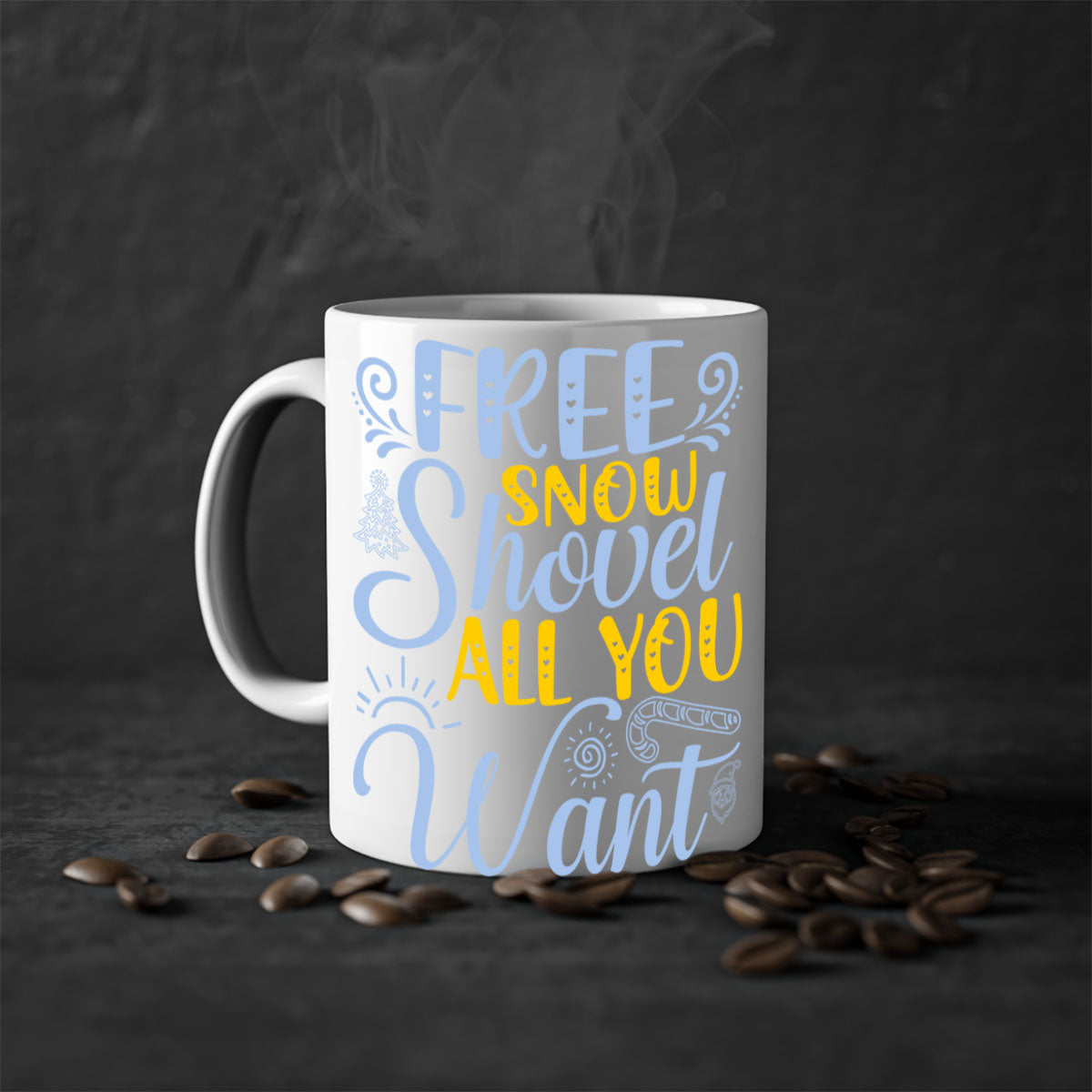 Free Snow Shovel Mug featuring a two-tone design with a colored handle and glossy finish, available in multiple colors and sizes.