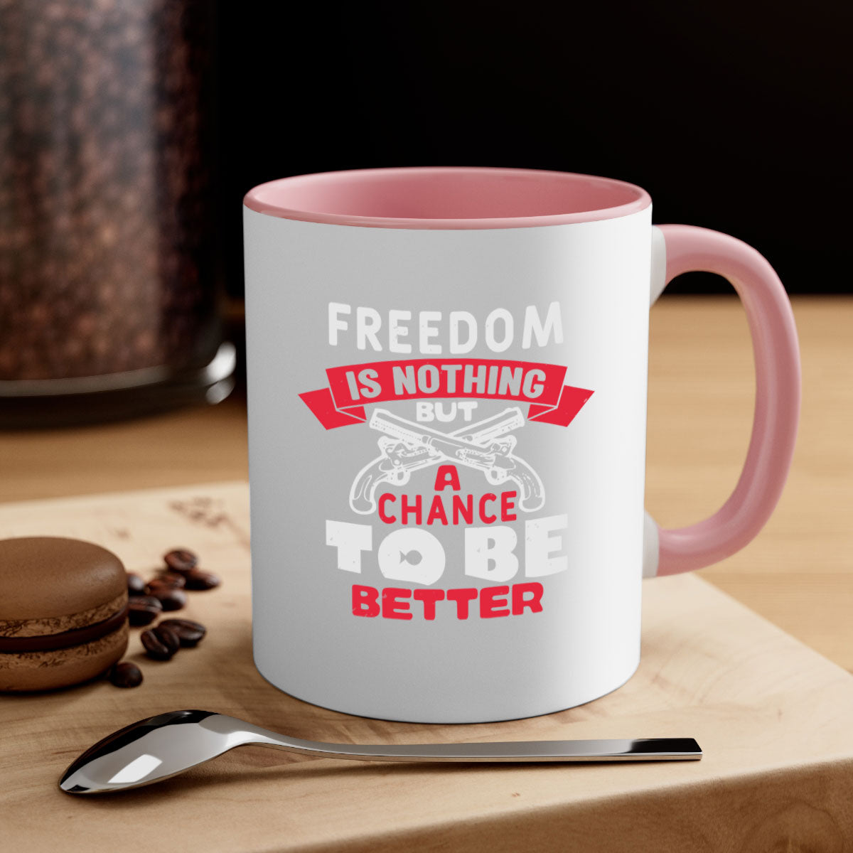 A stylish two-tone ceramic mug with a colored handle and glossy finish, featuring the phrase 'Freedom is nothing but a chance' for 4th of July celebrations.