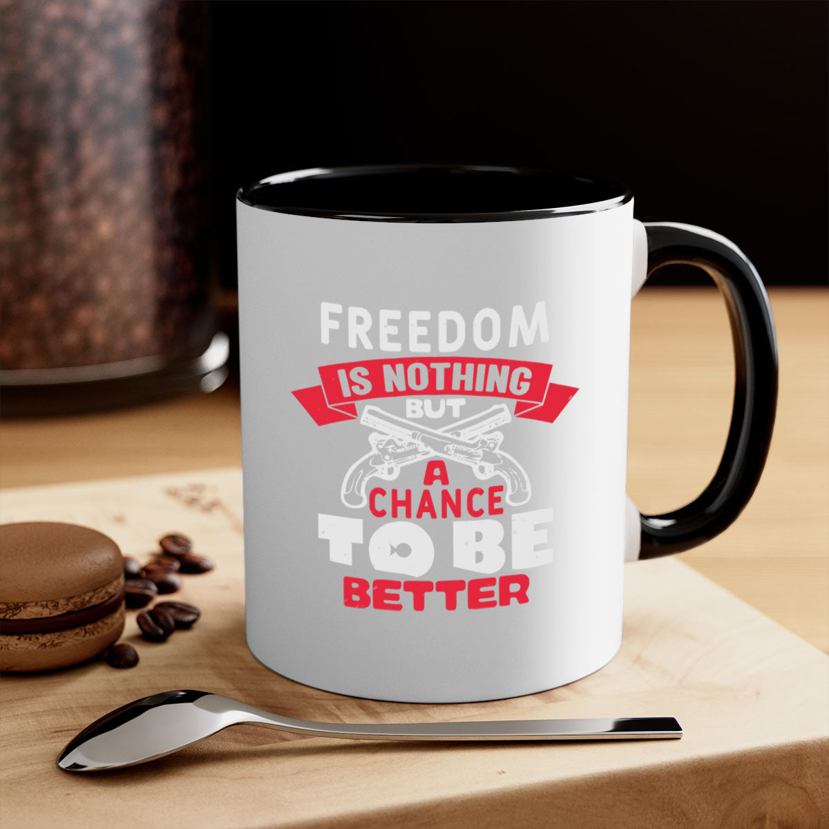A stylish two-tone ceramic mug with a colored handle and glossy finish, featuring the phrase 'Freedom is nothing but a chance' for 4th of July celebrations.