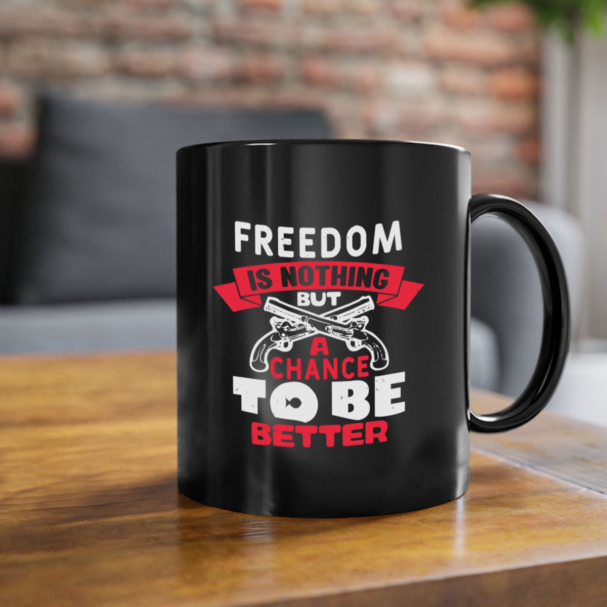 A stylish two-tone ceramic mug with a colored handle and glossy finish, featuring the phrase 'Freedom is nothing but a chance' for 4th of July celebrations.