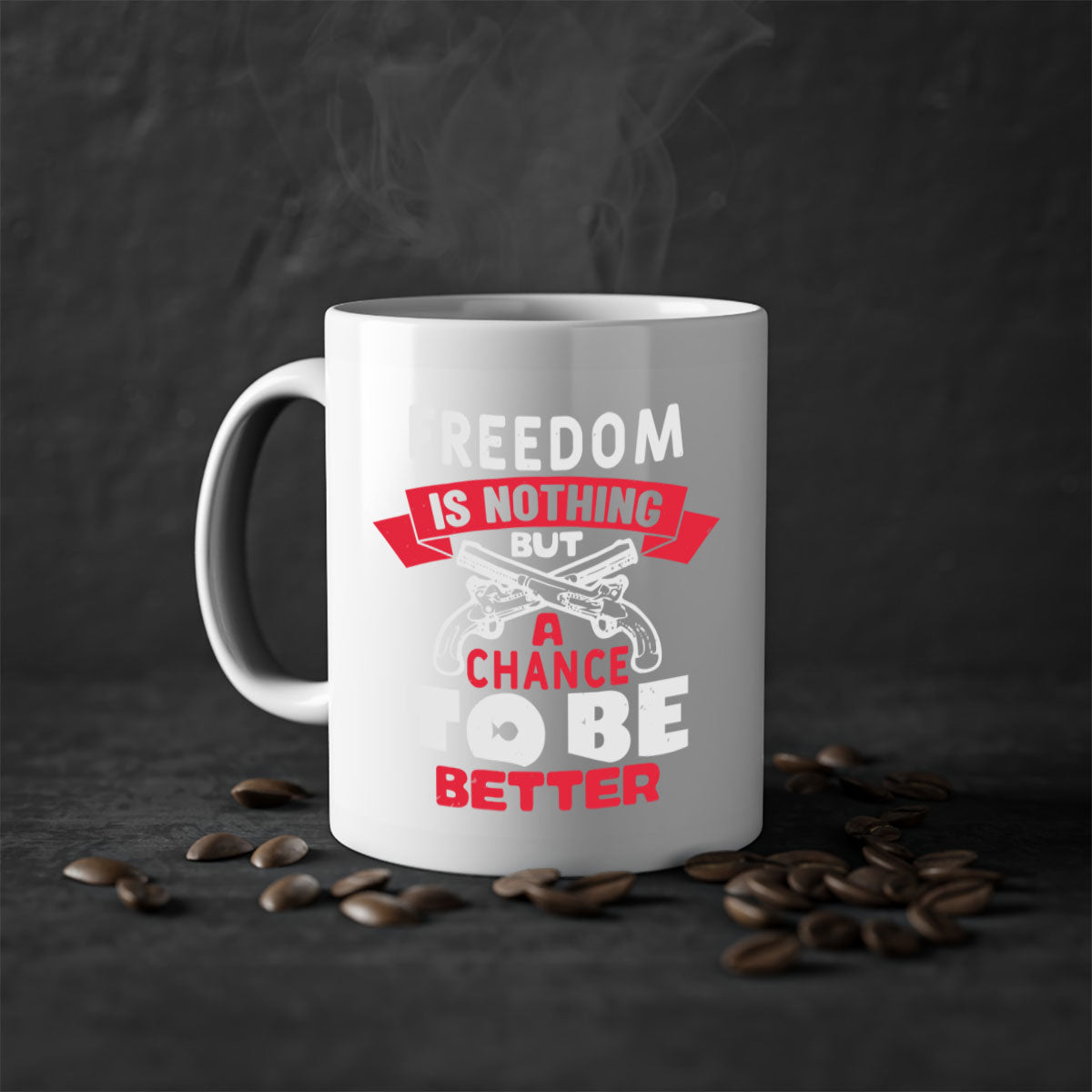 A stylish two-tone ceramic mug with a colored handle and glossy finish, featuring the phrase 'Freedom is nothing but a chance' for 4th of July celebrations.