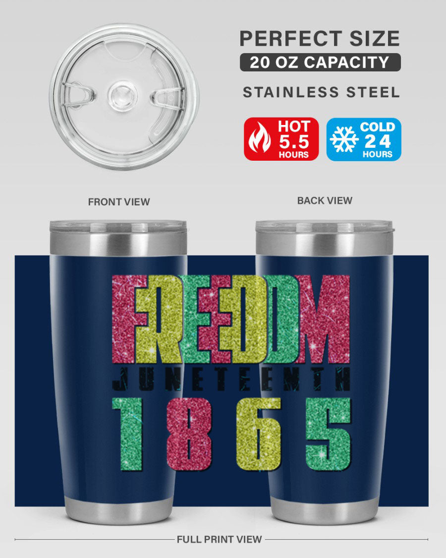 Freedom Juneteenth tumbler featuring a vibrant design celebrating Juneteenth, made of stainless steel with a drink-thru lid.