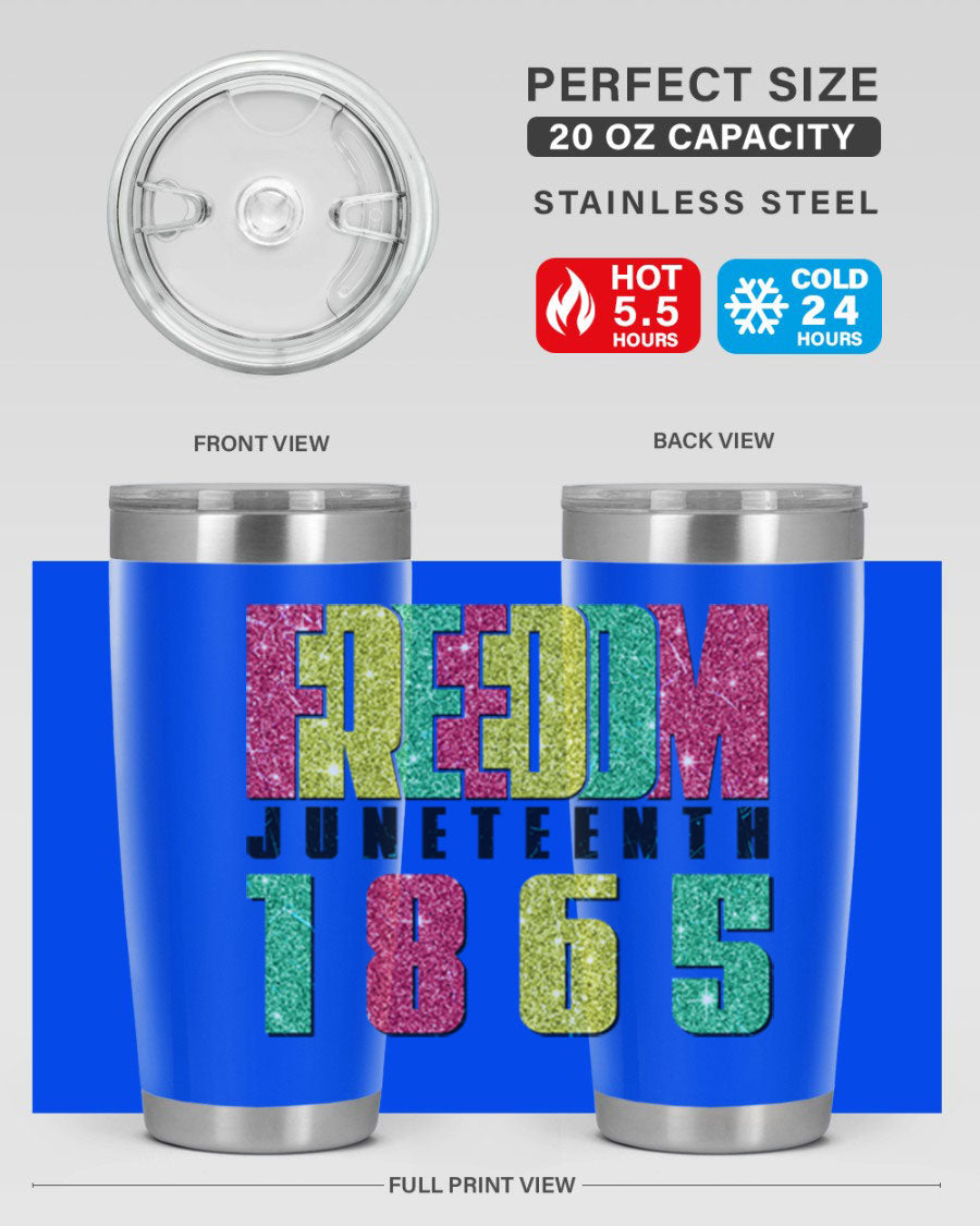 Freedom Juneteenth tumbler featuring a vibrant design celebrating Juneteenth, made of stainless steel with a drink-thru lid.