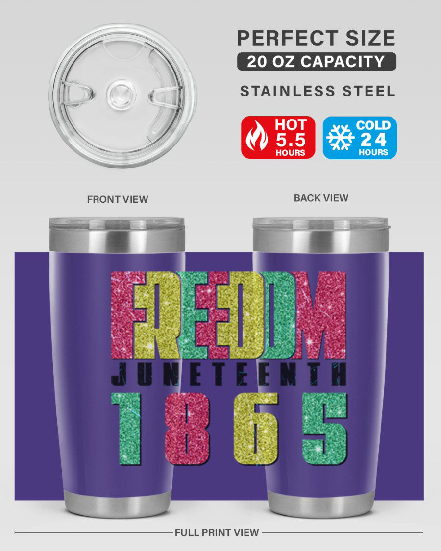 Freedom Juneteenth tumbler featuring a vibrant design celebrating Juneteenth, made of stainless steel with a drink-thru lid.