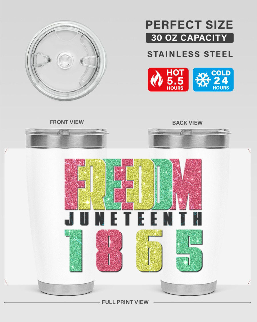 Freedom Juneteenth tumbler featuring a vibrant design celebrating Juneteenth, made of stainless steel with a drink-thru lid.