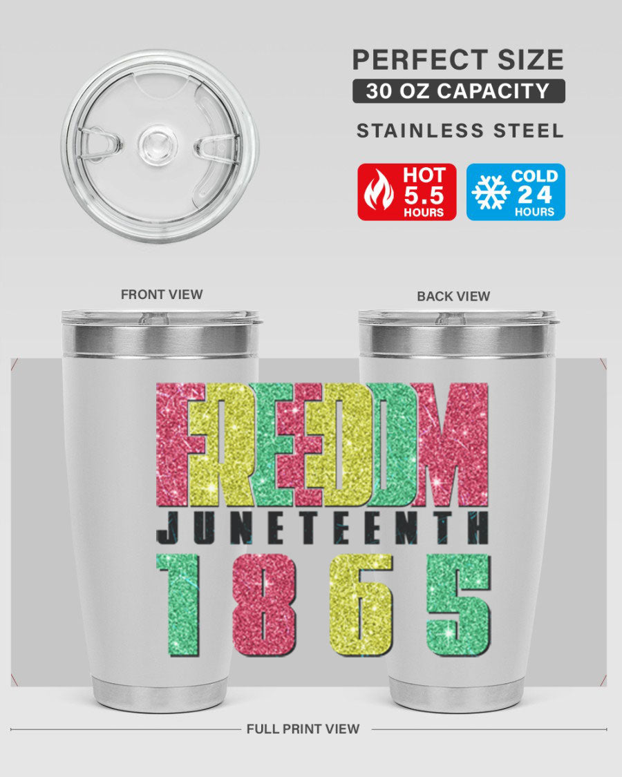 Freedom Juneteenth tumbler featuring a vibrant design celebrating Juneteenth, made of stainless steel with a drink-thru lid.