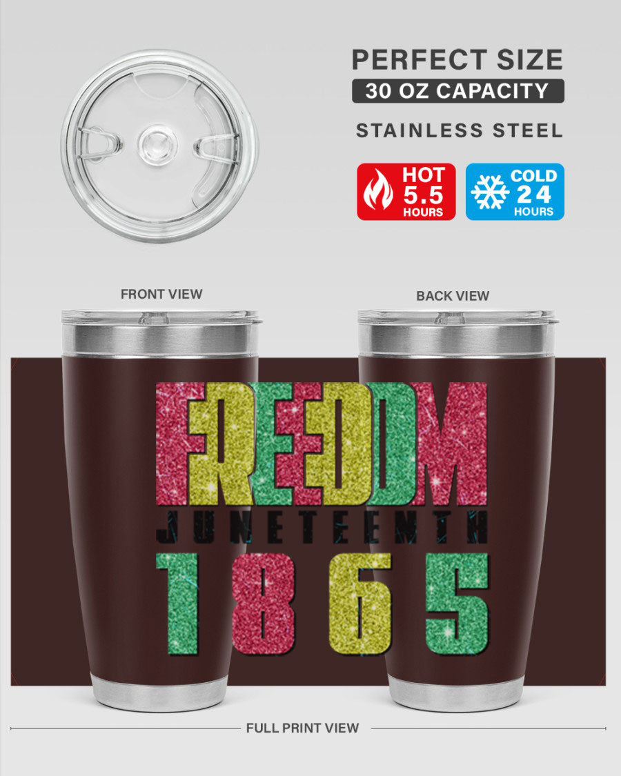 Freedom Juneteenth tumbler featuring a vibrant design celebrating Juneteenth, made of stainless steel with a drink-thru lid.