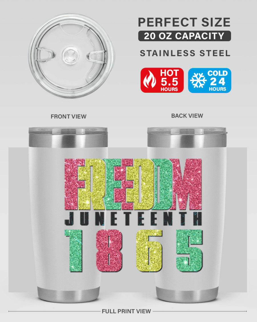 Freedom Juneteenth tumbler featuring a vibrant design celebrating Juneteenth, made of stainless steel with a drink-thru lid.