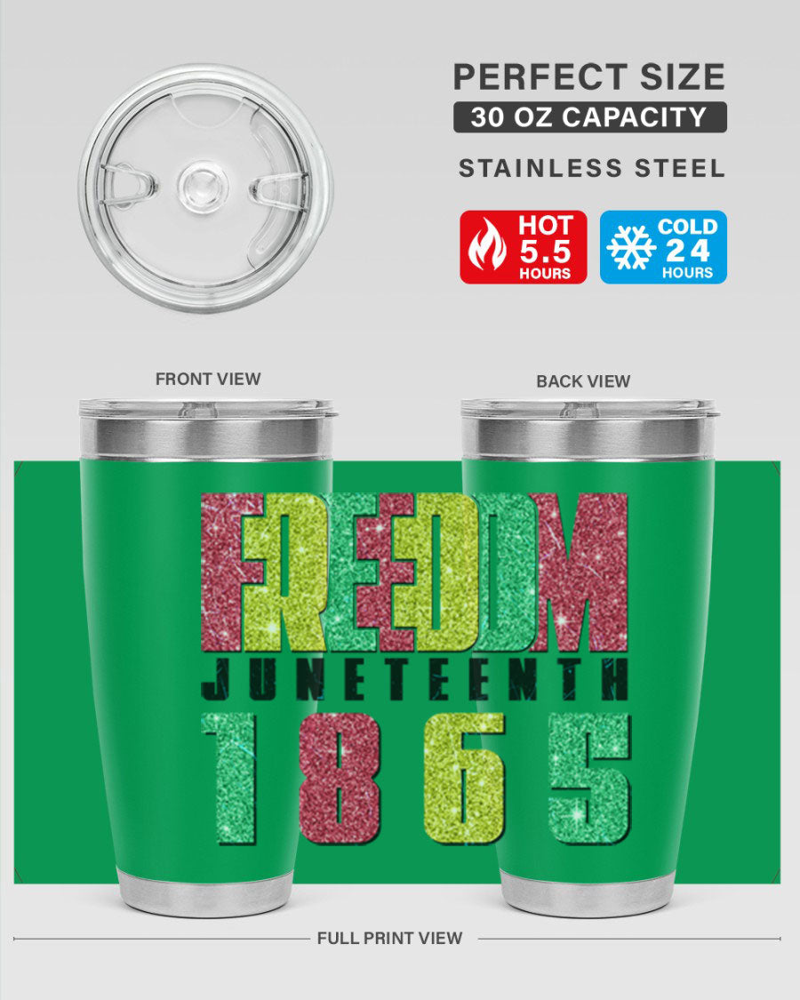 Freedom Juneteenth tumbler featuring a vibrant design celebrating Juneteenth, made of stainless steel with a drink-thru lid.
