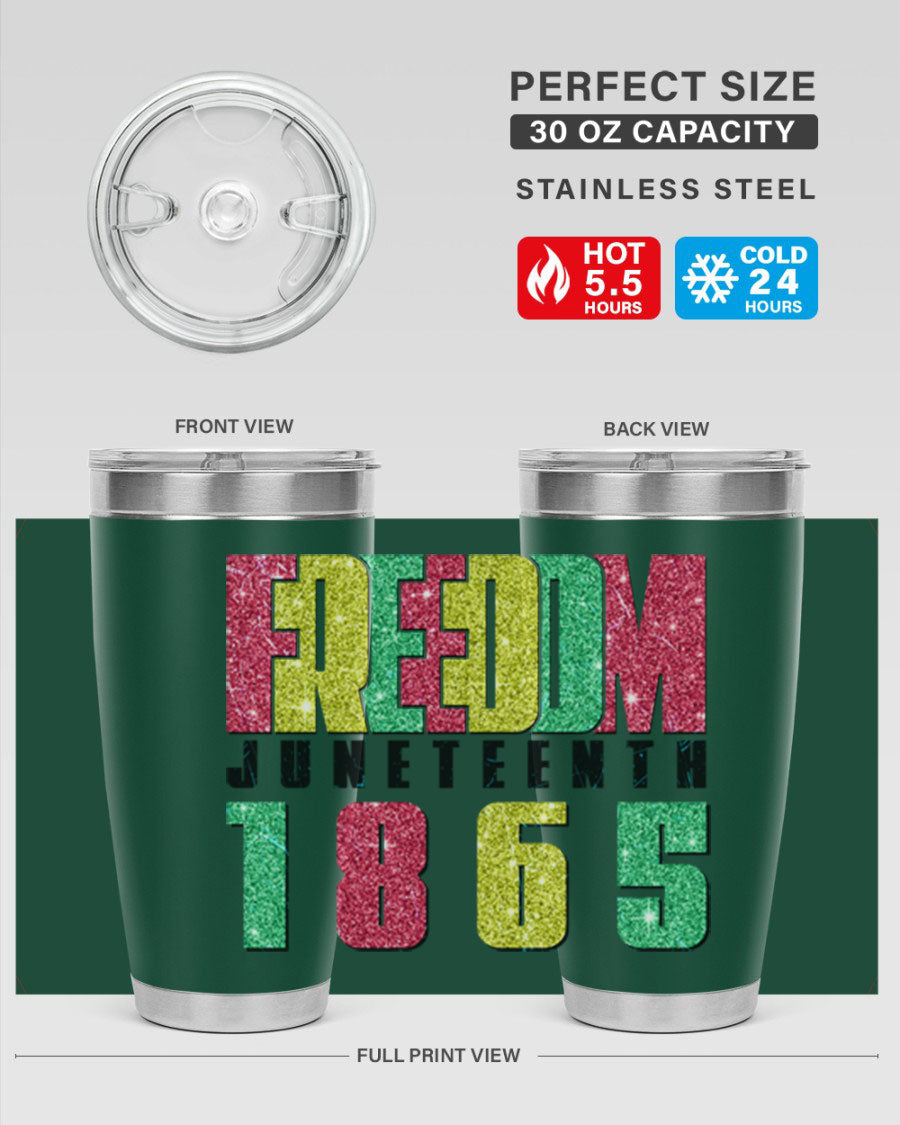 Freedom Juneteenth tumbler featuring a vibrant design celebrating Juneteenth, made of stainless steel with a drink-thru lid.