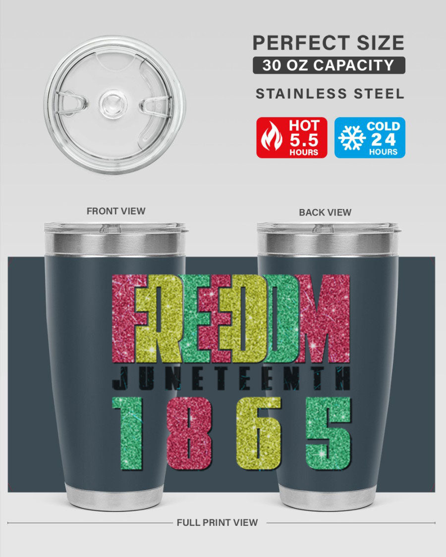 Freedom Juneteenth tumbler featuring a vibrant design celebrating Juneteenth, made of stainless steel with a drink-thru lid.