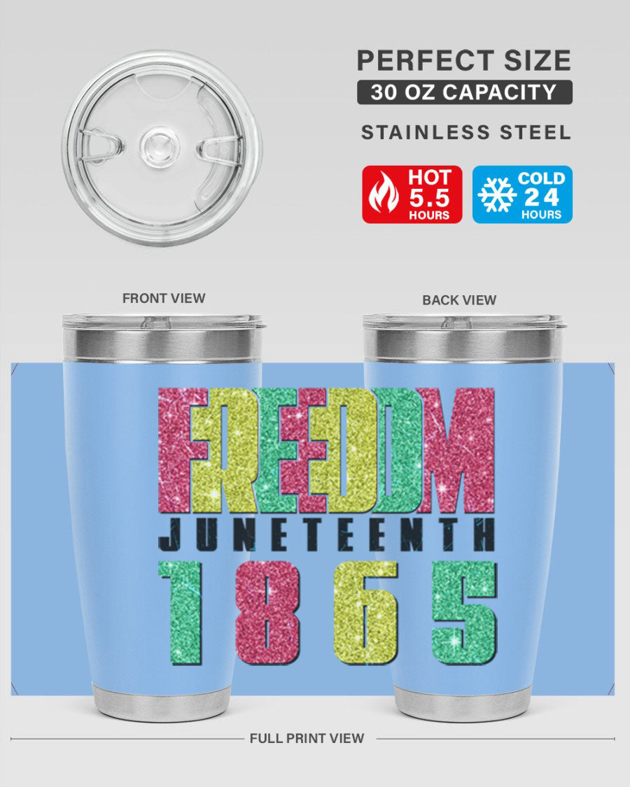 Freedom Juneteenth tumbler featuring a vibrant design celebrating Juneteenth, made of stainless steel with a drink-thru lid.
