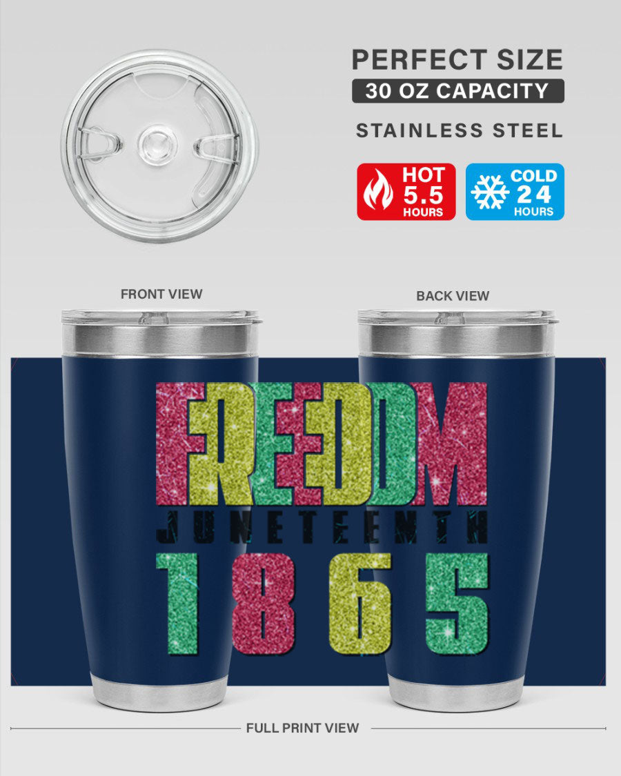 Freedom Juneteenth tumbler featuring a vibrant design celebrating Juneteenth, made of stainless steel with a drink-thru lid.