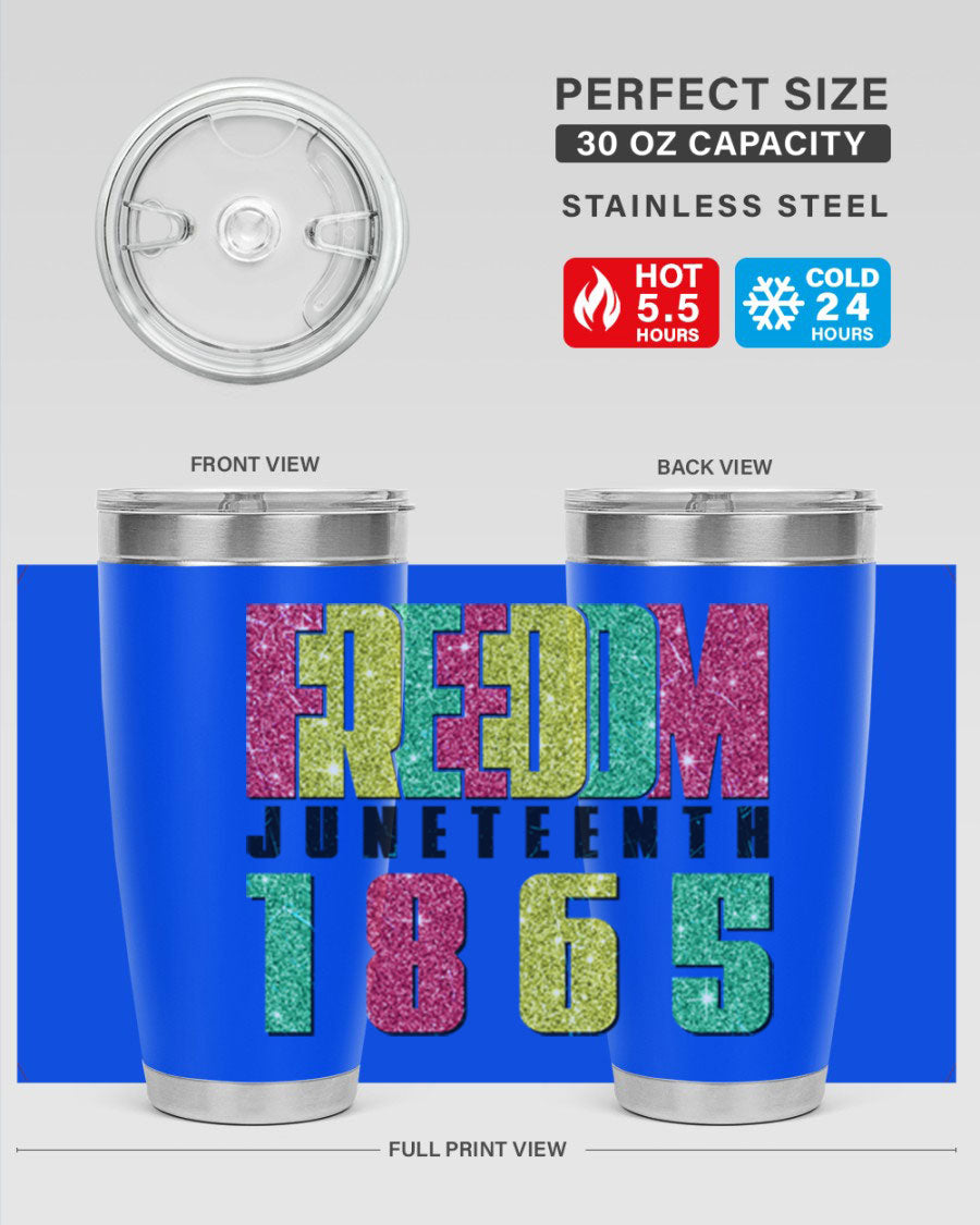 Freedom Juneteenth tumbler featuring a vibrant design celebrating Juneteenth, made of stainless steel with a drink-thru lid.