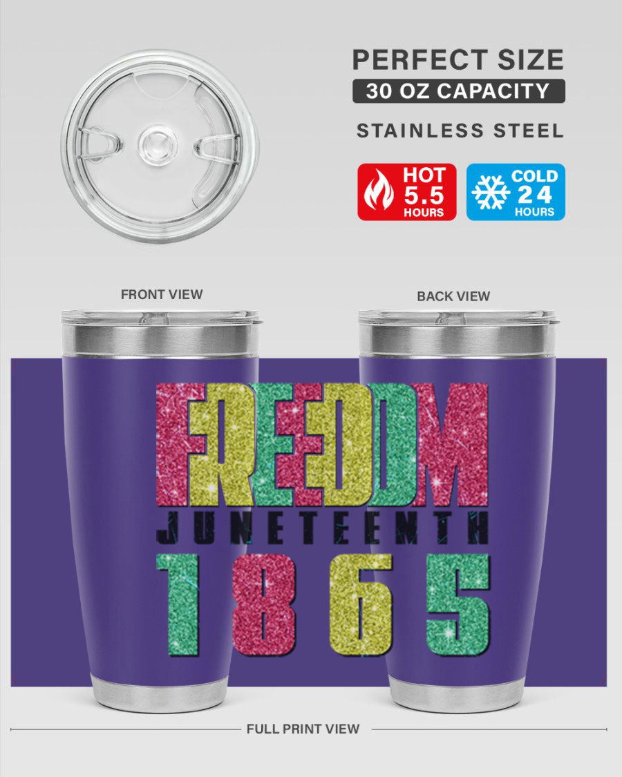 Freedom Juneteenth tumbler featuring a vibrant design celebrating Juneteenth, made of stainless steel with a drink-thru lid.